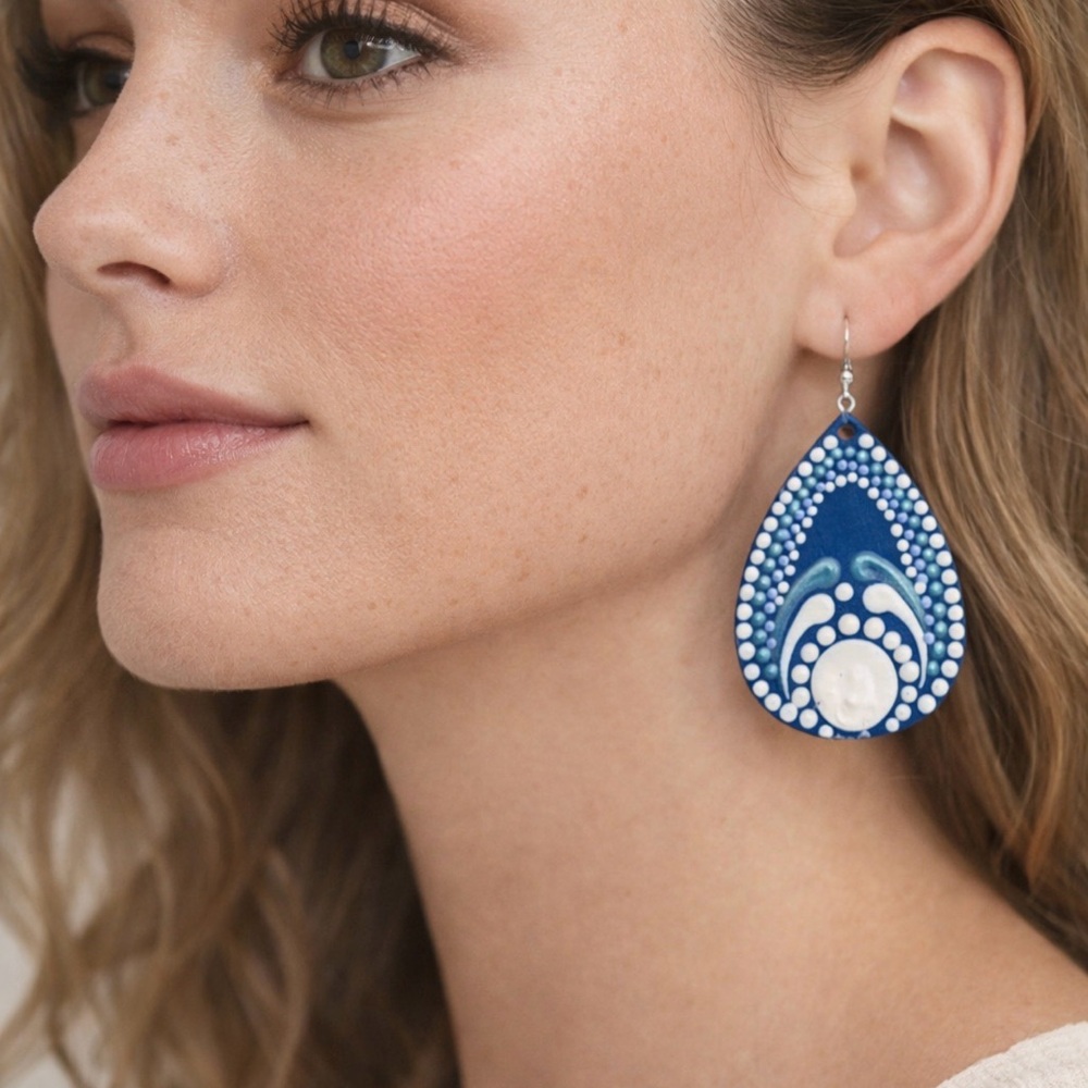 Elegant Blue and White Teardrop 
One-of-a-kind hand-painted wooden